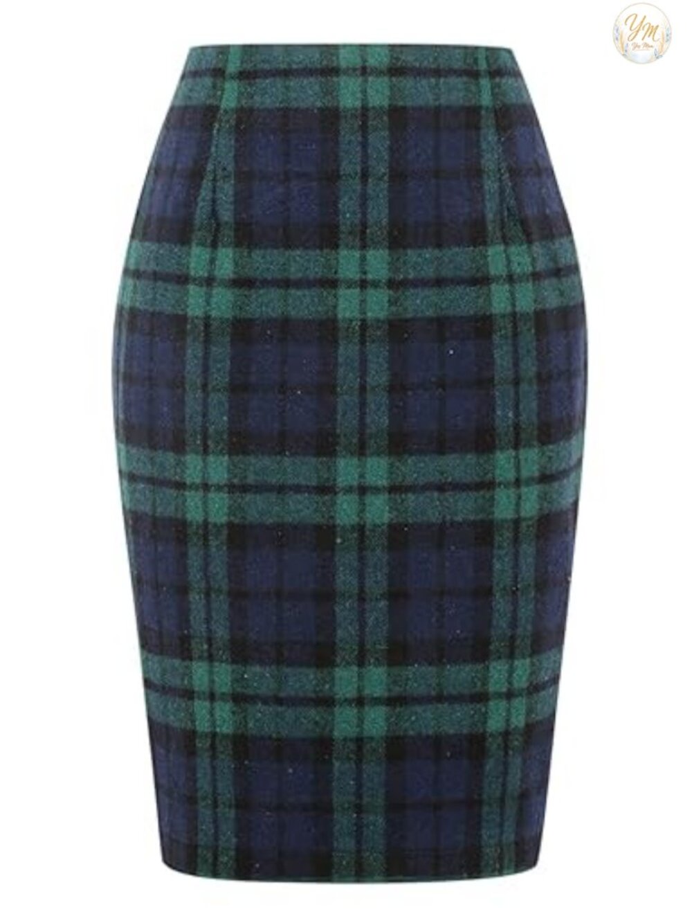 Wool Blend Plaid Knee Length Pencil Skirt High Waist Back Slit Business Casual
